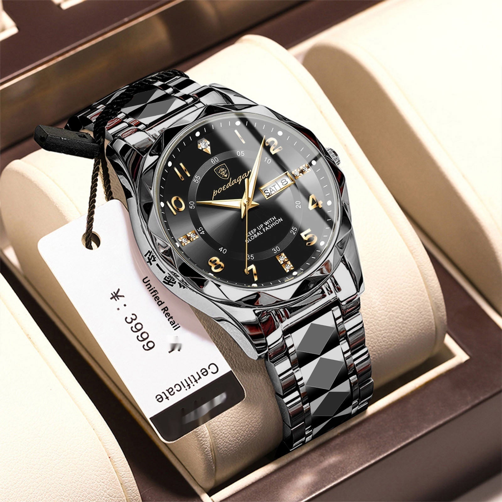 Luxury Men's Waterproof Quartz Watch with Double Calendar & Luminous Display
