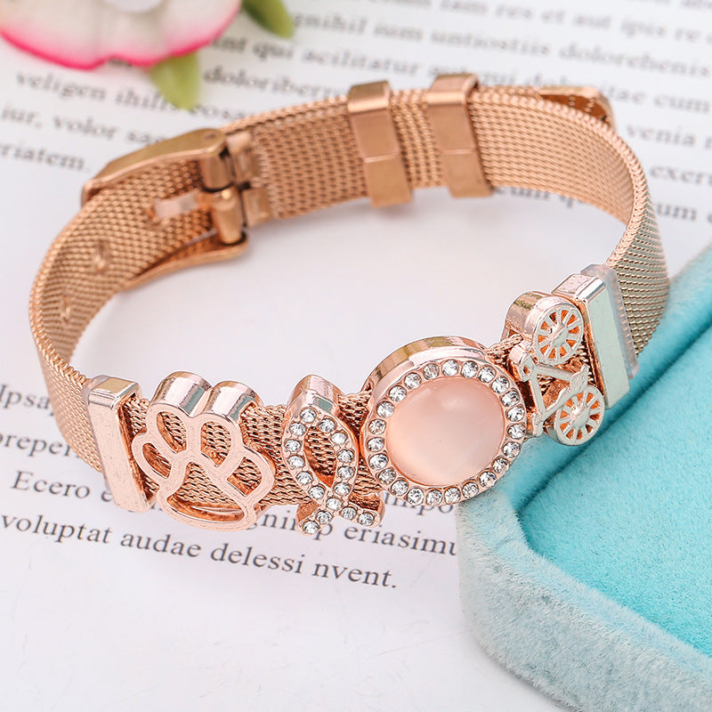Luxury Stainless Steel Mesh Bracelet with Crystal Charm – Elegant Women Bracelet