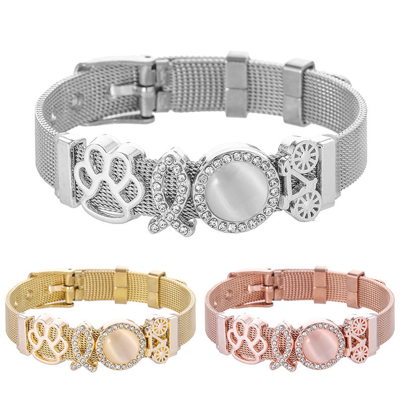 Luxury Stainless Steel Mesh Bracelet with Crystal Charm – Elegant Women Bracelet