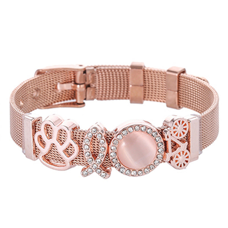 Luxury Stainless Steel Mesh Bracelet with Crystal Charm – Elegant Women Bracelet