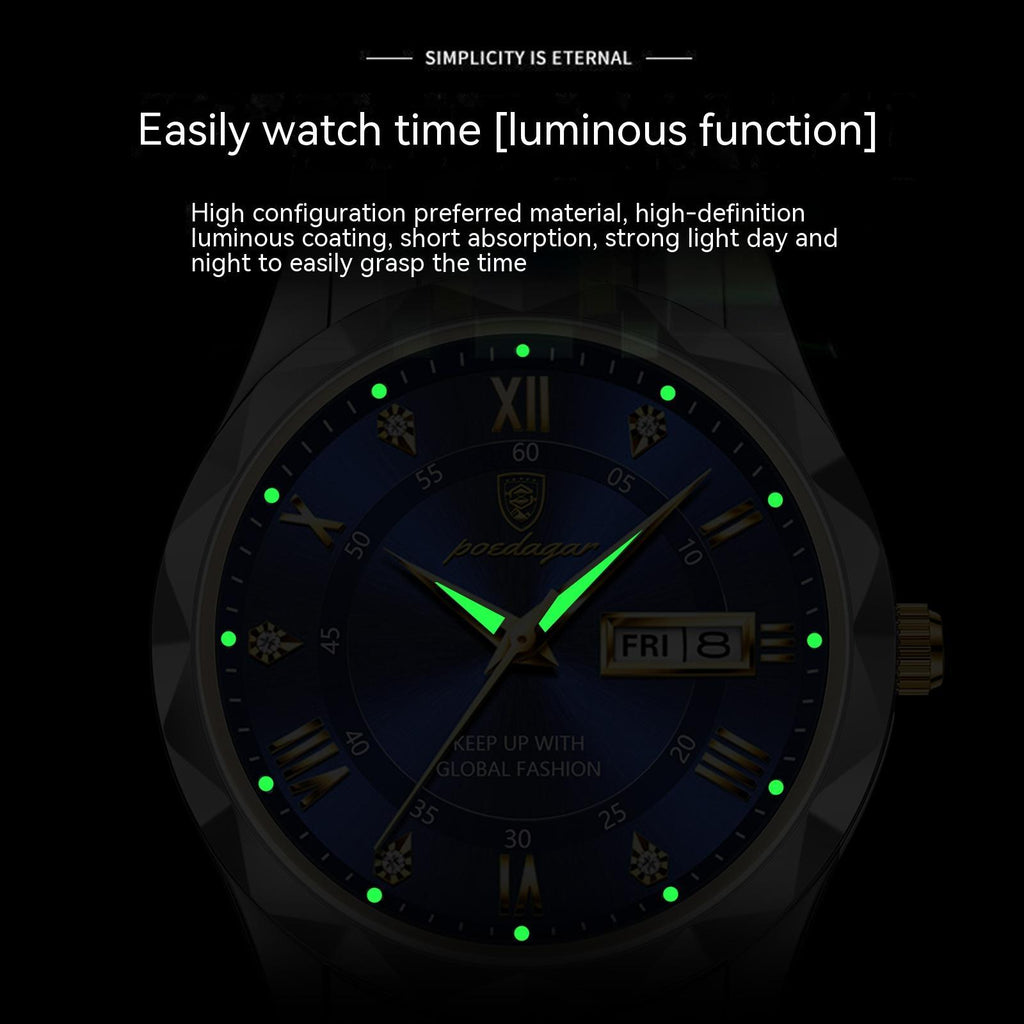 Luxury Men's Waterproof Quartz Watch with Double Calendar & Luminous Display