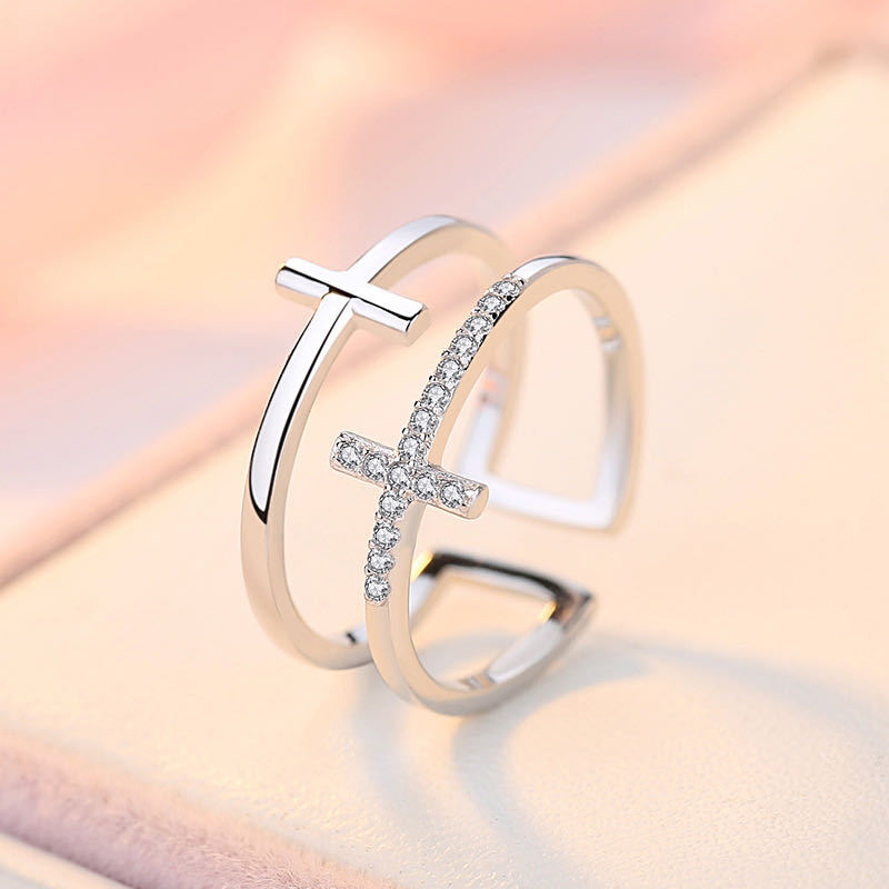 Minimalist Double Cross Zircon Ring – Adjustable