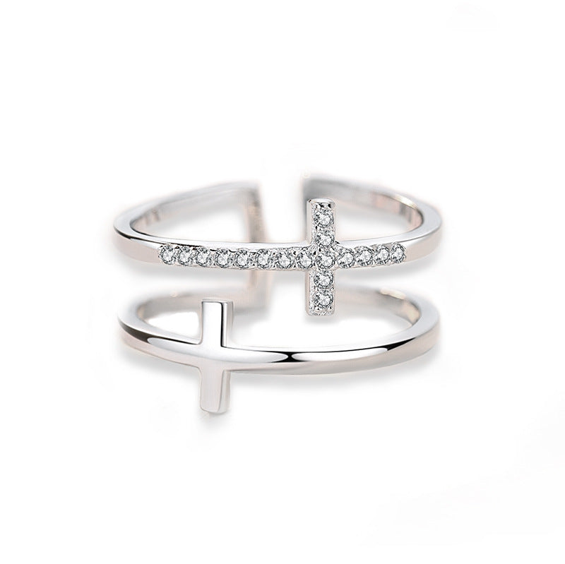 Minimalist Double Cross Zircon Ring – Adjustable